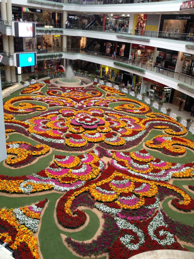 indoor flower garden at upscale mall in Medellin